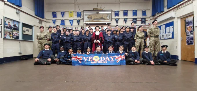Madam Deputy Mayor, Cllr Louise Phelan photographed with the Sutton Sea Cadets at the 80th Anniversary of VE Day