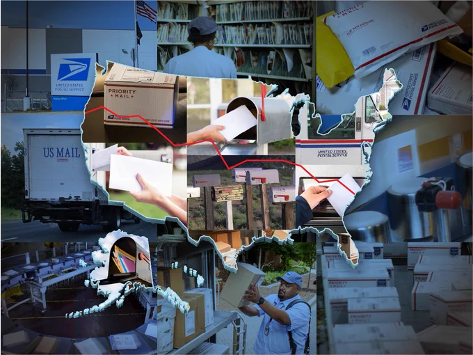 Collage of various U.S. Postal Service activities, including handling of letters, parcels, delivery trucks, and employees sorting mail.