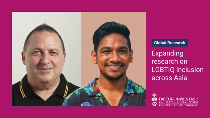 photo composite of Prof. Peter Newman and PhD student David Puvan. Text reads: Global research: Expanding research on LGBTIQ inclusion across Asia