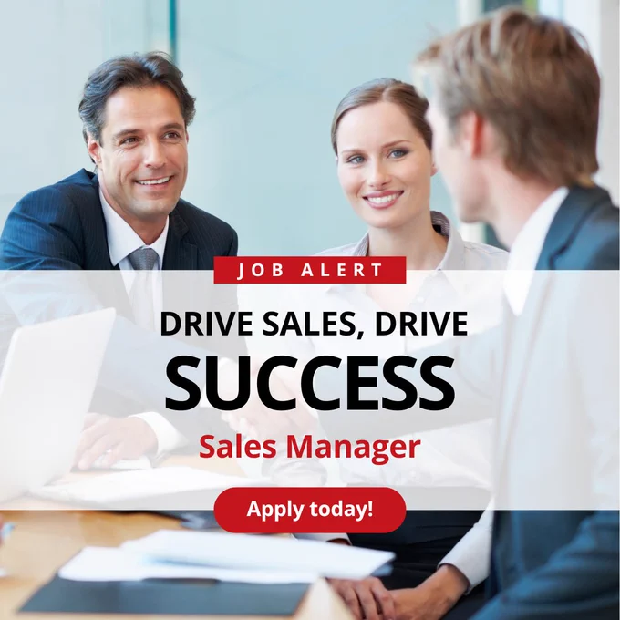 Three professionals in a meeting with laptops, one presenting, in an office setting. Text overlay reads "Job Alert: Drive Sales, Drive Success - Sales Manager. Apply today!" SkillPath