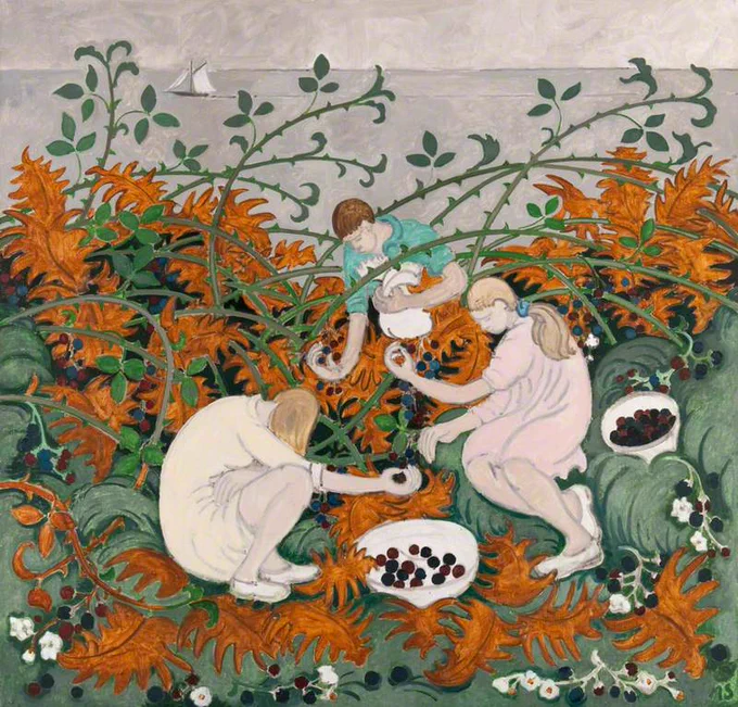 Three people picking brambles by the coast