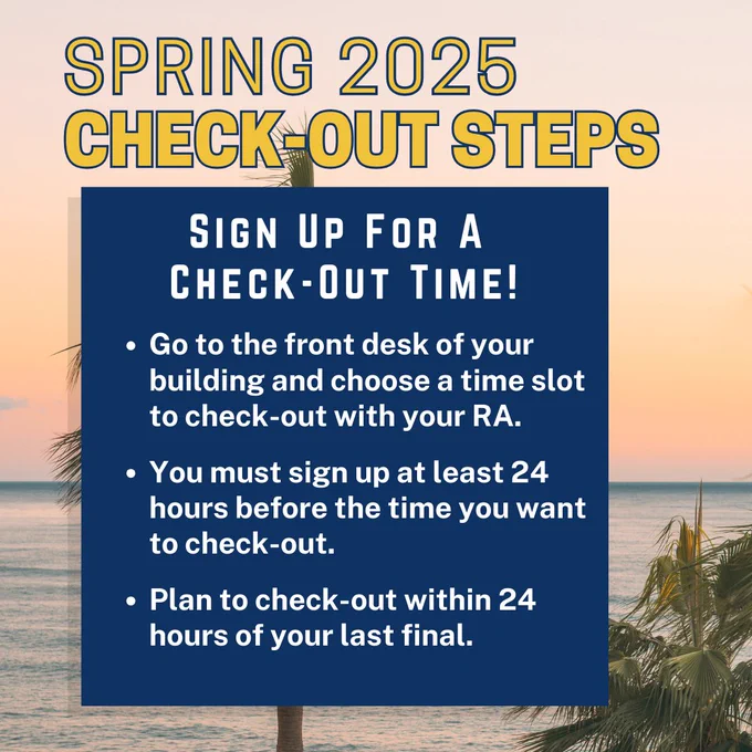 A beach background and informing students to sign up for a check-out time.