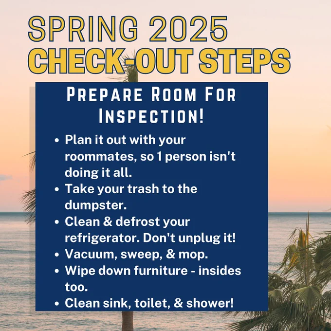 A beach background and informing students to prepare their room for an inspection.