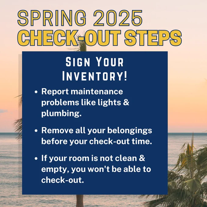 A beach background and informing students to sign their room inventory sheet when they are checking out.
