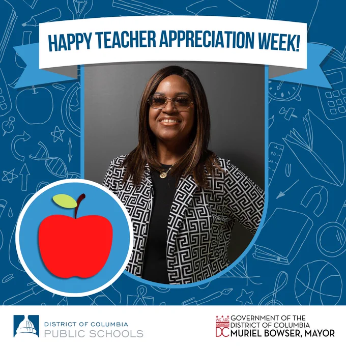 A graphic that states "Happy Teacher Appreciation Week" with a photo of Dr. Wilson.