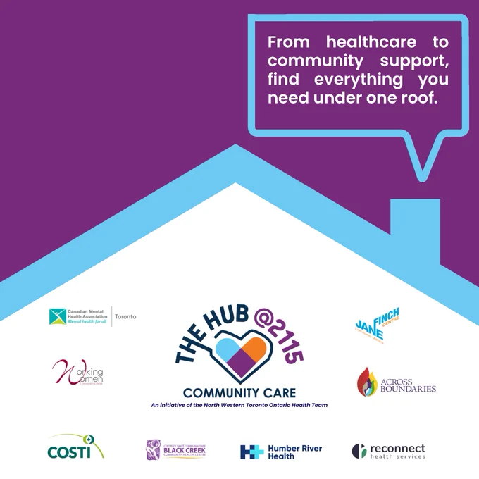 On a magenta background, the text reads, "From healthcare to community support, find everything you need under one roof. The Hunt  @2115, Community Care. An initiative of the North Western Toronto Ontario Health Team." Also present on the graphic are logos of partners including COSTI. 