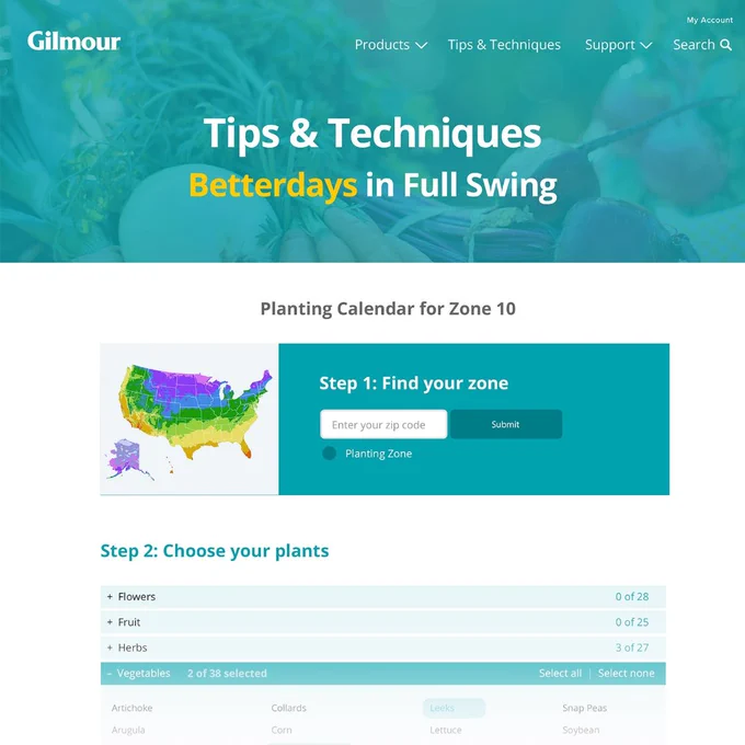 Portada para la web app de calendario de cultivo para Gilmour. Muestra un título en inglés: Tips and techniques, better days in full swing. Se muestra el mapa de EEUU por regiones geográficas.