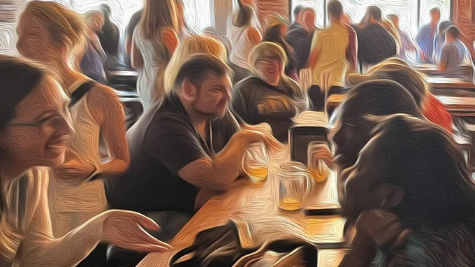 painting like effect of people enjoying conversation at a public restaurant
