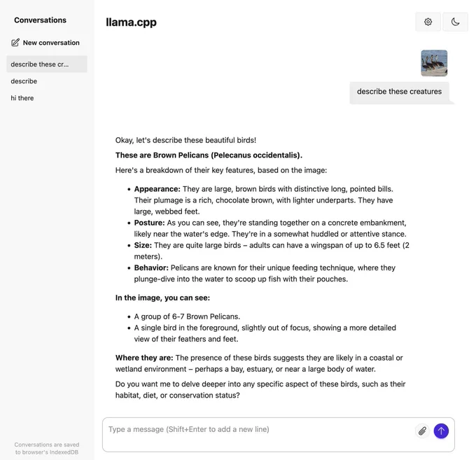 The localhost:8080 web UI for llama.cpp describing a different photo of some pelicans