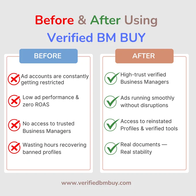 🚀 Before & After Using Verified BM BUY

❌ Before:
🔻 Ad accounts constantly getting restricted
🔻 Low ad performance & zero ROAS
🔻 No access to trusted Business Managers
🔻 Wasting hours recovering banned profiles

✅ After:
✅ High-trust verified Business Managers
✅ Ads running smoothly without disruptions
✅ Access to reinstated profiles & verified Meta tools
✅ Real documents — real stability

🌍 Go global. Run ads like a pro.
💼 Choose Verified BM BUY.

————————Contact Info——————————
WhatsApp: https://wa.me/8801302669333
Email: business@verifiedbmbuy.com
Website: https://verifiedbmbuy.com/
Telegram: https://t.me/Verifiedbmbuy

#VerifiedBM #FacebookAds #BusinessManager #AdAccounts #DigitalMarketing #MetaVerified #VBB