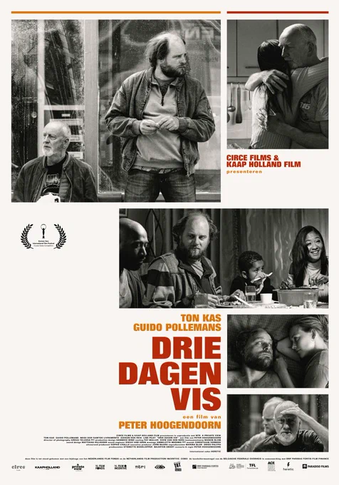 Filmposter Drie Dagen Vis. Een collage van zwart witte afbeeldingen die een gefrustreerde familie aantonen.