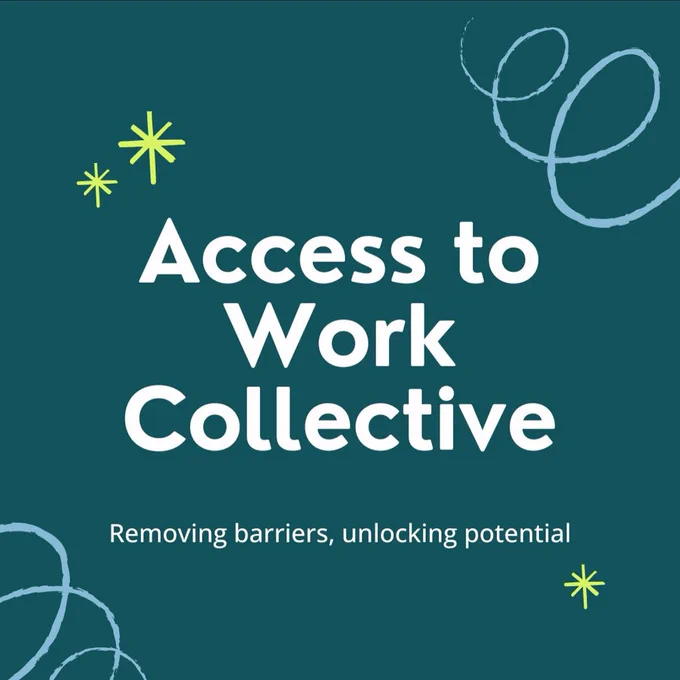 Access to Work Collective Logo in white text on a dark green background with decorative elements. Subtitle reads: Removing barriers, unlocking potential.