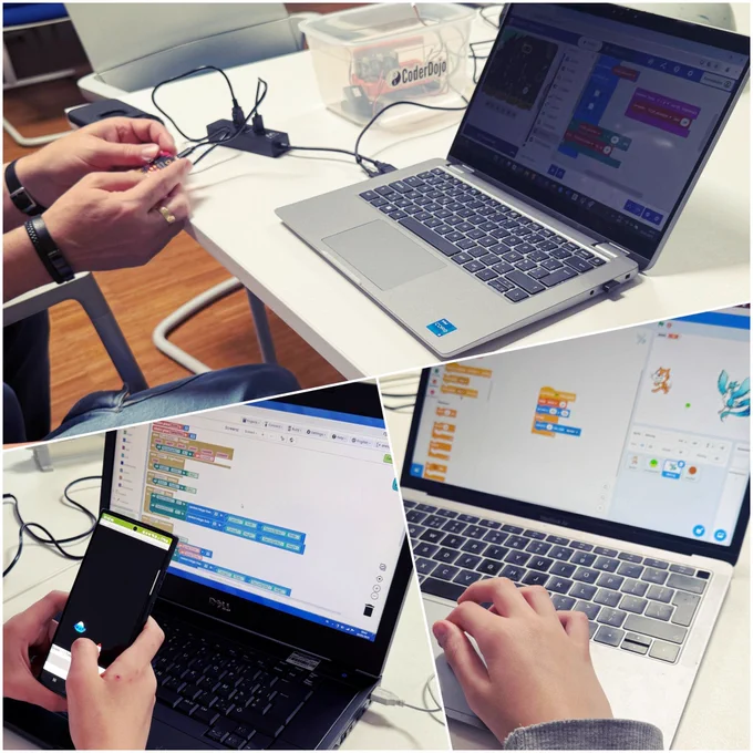 A composite photo of a digital clock using microbit, a mobile space game and a game built with Scratch. 