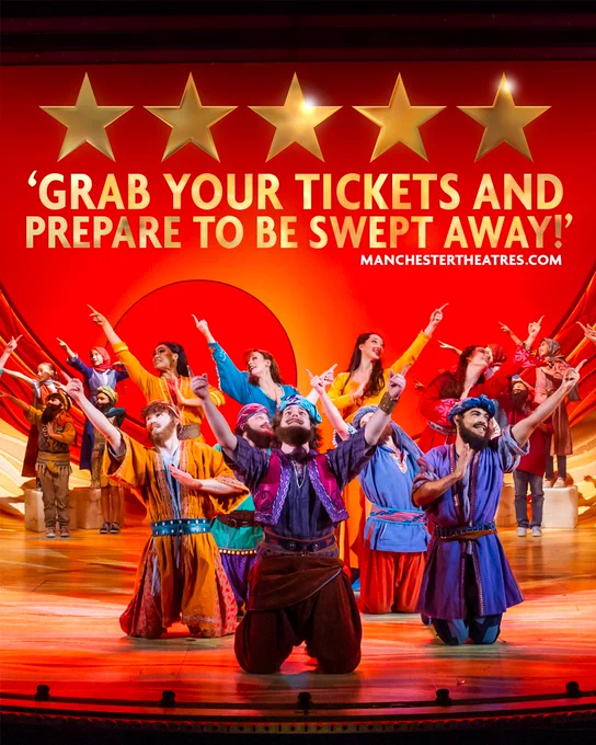 A vibrant promotional image for Joseph and the Amazing Technicolor Dreamcoat, featuring a group of performers in colourful costumes on stage, arms raised, with a backdrop that reads "Grab your tickets and prepare to be swept away!" credited to Manchester Theatres.com with glowing 5 stars.
