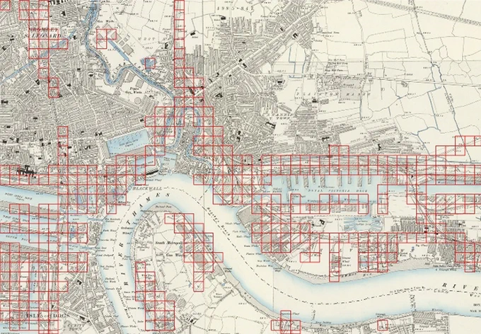 By combining geospatial railway data with census data, historians explored the occupations of people living at different distances from tracks. The research, which used MapReader to train computer vision models to recognize features on digitized maps, shows that there were job opportunity upsides to living close to railroads. This map shows railspace (red squares) in East and Southeast London circa 1900. 

Image credit: Katherine McDonough. 