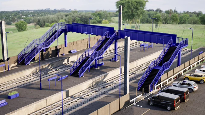 Artist impression of Harlington station footbridge, Network Rail. Blue Non Accessible footbridge 