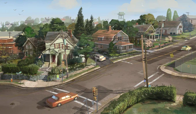 Fun fact: They used 3D models for reference when making this concept art of a neighborhood, presumably in a different town than Bullworth.