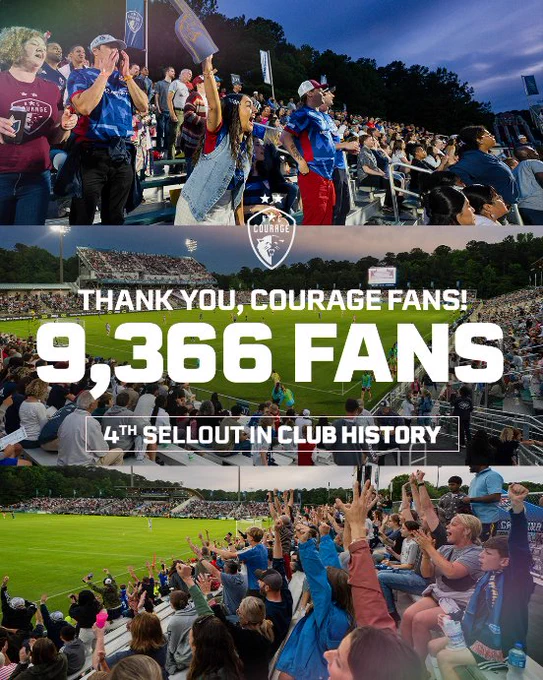 Three crowd photos with text "Thank you, Courage Fans! 9,366 Fans. 4th sellout in club history"