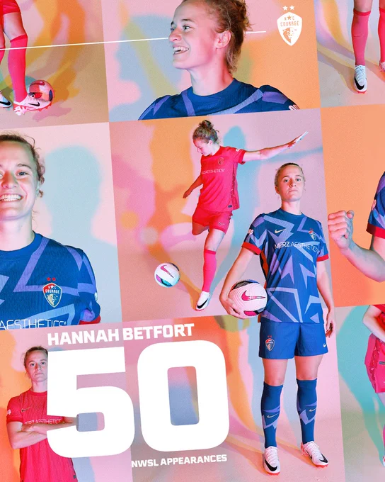 Hannah Betfort 50 NWSL Appearances graphic with a collage of photos of Hannah