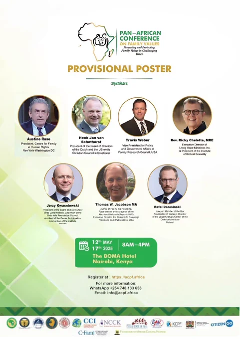Provisional poster shows 5 white men who are speakers at “Pan-African Conference on Family Values” in Nairobi between 12th and 17th May. The speakers listed all appear to be from Europe and North America