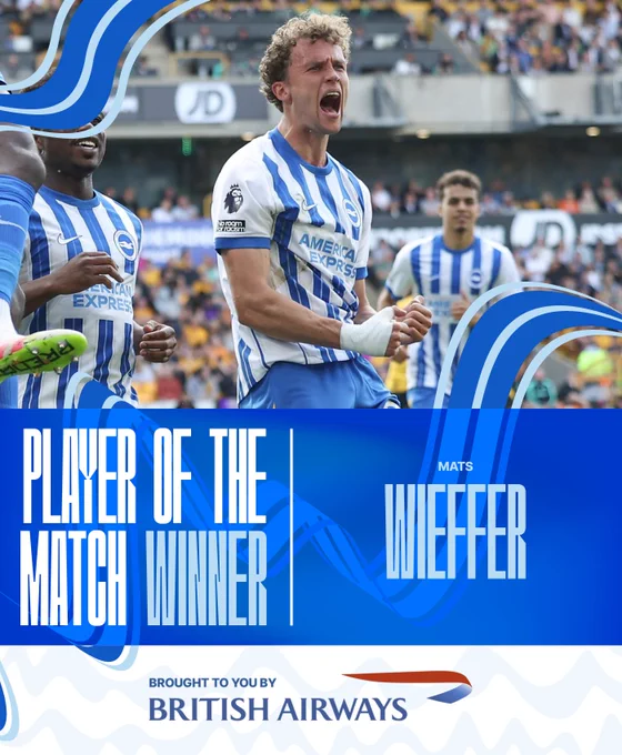 Mats Wieffer's Player of the Match graphic featuring a pic of him celebrating Danny Welbeck's goal. What a performance from him!