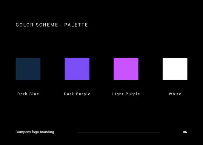 Color selection for our company logo made up of Dark Blue, Dark Purple, Light Purple & White