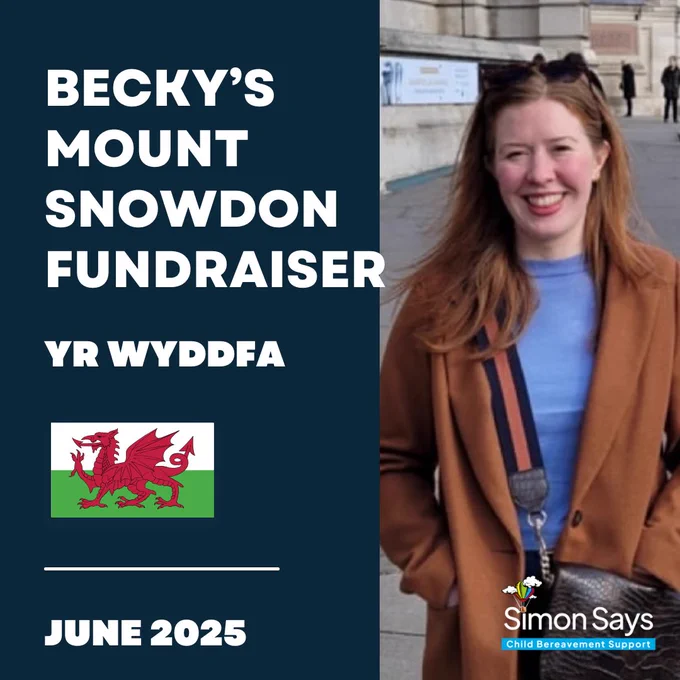 Dark blue background with bold text that reads “Becky’s Mount Snowdon Fundraiser. Yr Wyddfa. June 2025.” Below this is a picture of the Flag of Wales, a red dragon passant on a green and white field. To the right of this is a photograph of Becky taken outside of a museum building entrance. She is stood on a pavement with stone steps and people behind her. She is smiling directly at the camera. It is a cold, bright day. She is wearing a brown coat and has a pair of sunglasses resting on her head.