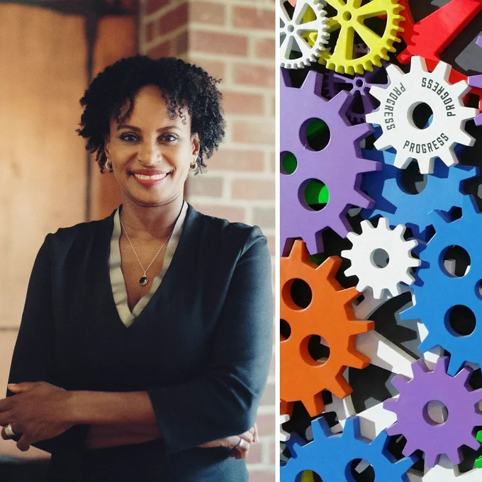 A collage: On the left, President Rhonda McEwen smiles for the camera. On the right, an illustration of colourful gears signifying innovation and change.