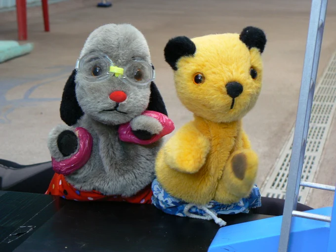 Sooty and Sweep in their swimming costumes
