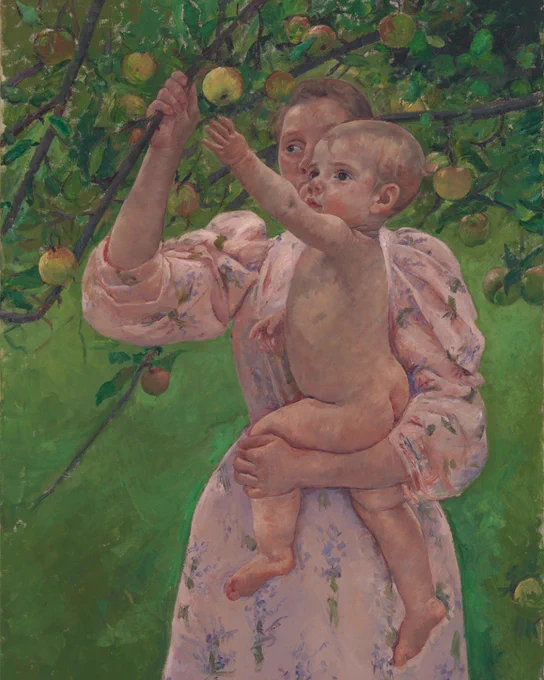 A portrait of a mother in a pink dress carrying a baby in her arms. The mother holds the branch of a fruit tree steady as the baby reaches for a fruit.