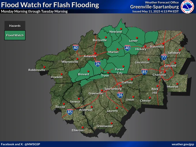A Flood Watch for Flash Flooding is in effect from Monday morning through Tuesday morning for areas along/near the Blue Ridge Escarpment in the western Carolinas. Excessive runoff may result in flooding of rivers, creeks, streams, and other low-lying and flood-prone locations.