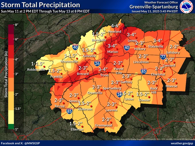 Storm total rainfall amounts through Tuesday across the western Carolinas and northeast Georgia. 2 to 4 inches of rain are expected across most of the forecast area with slightly lower amounts for locations along the NC/TN border. The heaviest rainfall and greatest risk for flash flooding is expected along the Blue Ridge Escarpment and the southern and eastern-facing slopes of the mountains in western North Carolina. Rainfall totals of 3-5 inches with isolated amounts between 6 and 8 inches are possible in these areas.