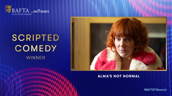 Designed graphic asset with jagged pink and blue circles in the background and a fluting effect. The BAFTA TV Awards with P&O Cruises logo is on the top left corner and an image of Sophie Willan starring in Alma’s Not Normal is centre right. To the left of this the text reads ‘Scripted Comedy Winner’ and below the image the text reads ‘Alma’s Not Normal’