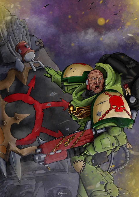 A Castellan of the Rift Space Marine having just tossed a melta charge into the joints of a Chaos Knight.
The space marine turned back towards us maybe calling backtowards his comrades as the battle rages around him.