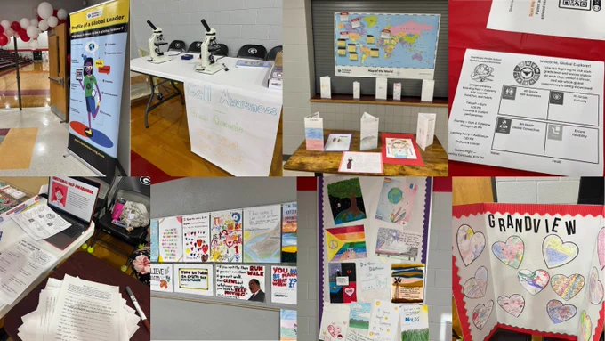 Collage showcasing various educational settings including a science fair display, a table setup with microscopes, a world map bulletin board, several educational posters and handouts, and colorful student artwork with 'Grandview' prominently displayed.