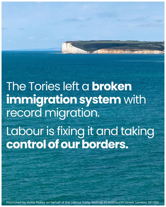 Graphic with an image of White Cliffs of Dover. Text reads: "The Tories left a broken immigration system with record migration. Labour is fixing it and taking control of our borders."