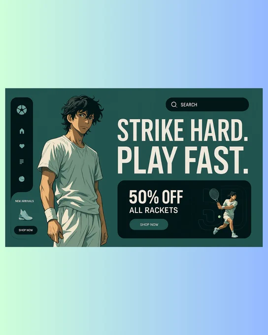 A sleek promotional webpage design for tennis equipment. The hero section features a stylized male tennis player in dynamic poses, bold typography with the slogan "Hit Hard, Win Big," and a 50% discount badge. The extended sections below showcase additional product highlights, call-to-action buttons, and a modern sidebar with new arrivals and user profile icons. The color palette includes teal green, white, and black with clean, futuristic UI elements.