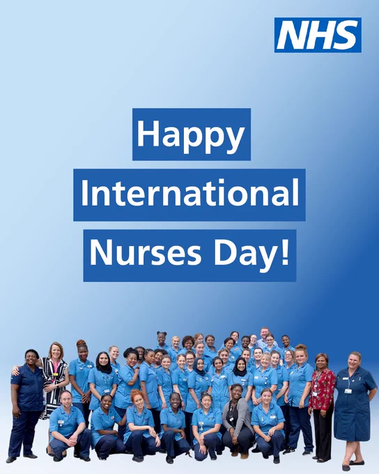 Image of a diverse range of NHS nurses smiling. Text on image reads: Happy International Nurses’ Day! The NHS logo is in the top right-hand corner.