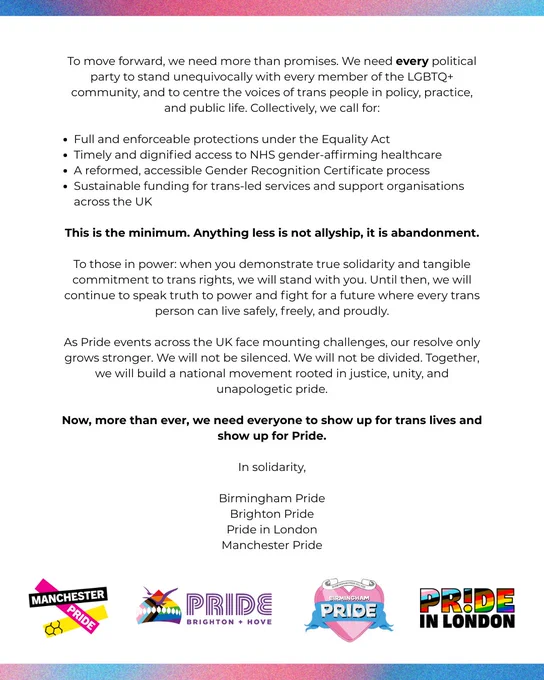 A graphic featuring trans flag colours and the second part of a joint statement between Manchester Pride, Brighton Pride, Birmingham Pride and Pride in London. Please see manchesterpride.com/a-united-front-for-trans-rights for a plain text version of this statement.