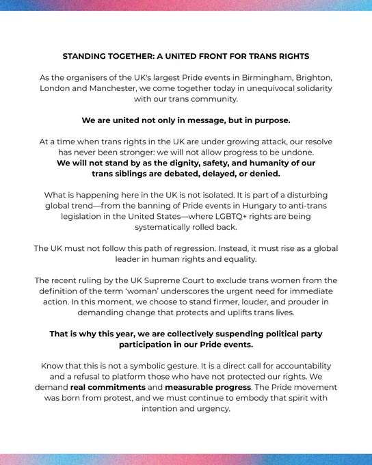 A graphic featuring trans flag colours and the first part of a joint statement between Manchester Pride, Brighton Pride, Birmingham Pride and Pride in London. Please see manchesterpride.com/a-united-front-for-trans-rights for a plain text version of this statement.