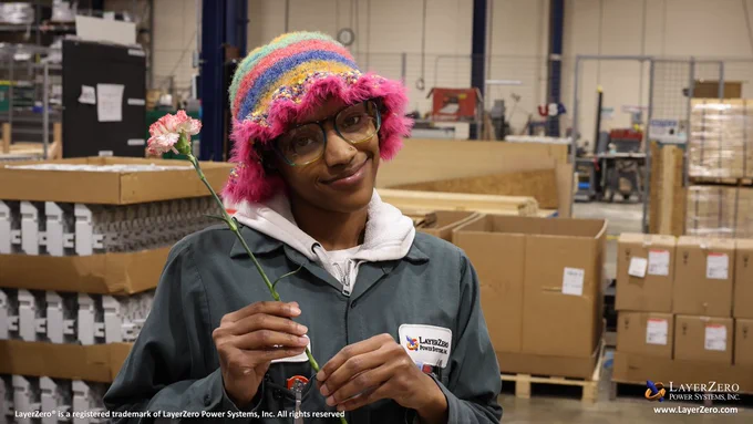 A young woman in a multicolor hat and glasses smiles at the camera while holding a white and pink carnation. She is wearing a jacket with the LayerZero logo on it. The background contains boxes and circuit breakers. The bottom left hand corner has text that reads, “LayerZero® is a registered trademark of LayerZero Power Systems, Inc. All rights reserved.” The bottom right hand corner has the official logo and below it reads the website name, “www.LayerZero.com”.