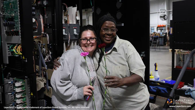 Two women with glasses hug each other while holding a carnation. The woman on the left is holding a pink one, while the woman on right is holding a red one. They are standing in front of a power distribution unit. The bottom left hand corner has text that reads, “LayerZero® is a registered trademark of LayerZero Power Systems, Inc. All rights reserved.” The bottom right hand corner has the official logo and below it reads the website name, “www.LayerZero.com”.