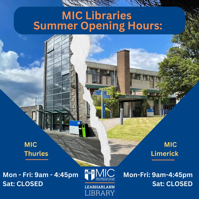 Image is of two pictures of the Limerick and Thurles Library entrances on a background of blue, with the opening hours as stated in the caption.