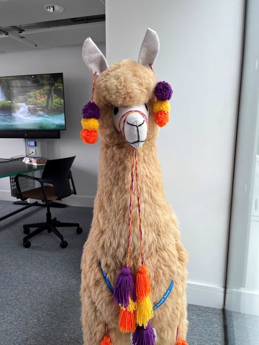 Photo of Rosie the LSBU Library Llama in one of the training rooms on level 03, LSBU Hub.