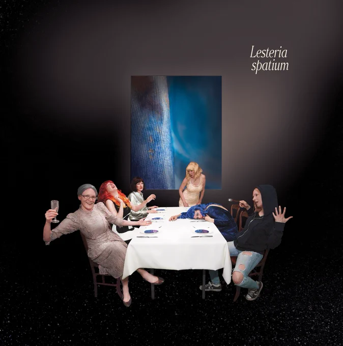 Front cover of the Lesteria album, spatium, depicting several of the artist's characters gathered together at a dinner table in space