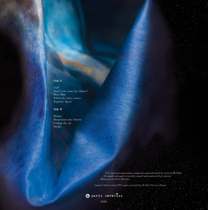 Back cover of the Lesteria album, spatium, showing the track listing arranged over the folds of a blue painting by the artist