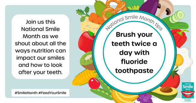 Text reads Brush your teeth twice a day with fluoride toothpaste on a plate illustration. Illustrations of healthy vegetables can be seen surrounding the plate.