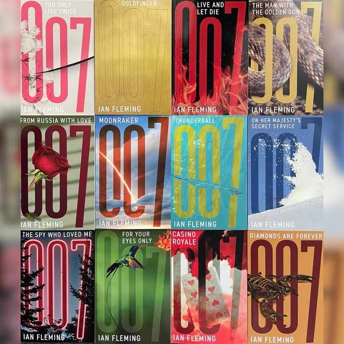 Image shows the new Large Print versions of 12 of Ian Fleming's books:
You Only Live Twice
Goldfinger
Live and Let Die
The Man With the Golden Gun
From Russia With Love
Moonraker
Thunderball
On Her Majesty's Secret Service
The Spy Who Loved Me
For Your Eyes Only
Casino Royale
Diamonds Are Forever