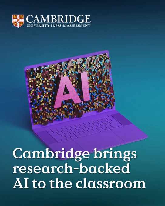 A purple laptop displays AI on the screen set against a deep blue background. Beneath it, the phrase reads, "Cambridge introduces research-backed AI to the classroom." The logo of Cambridge University Press & Assessment is placed in the top left corner.