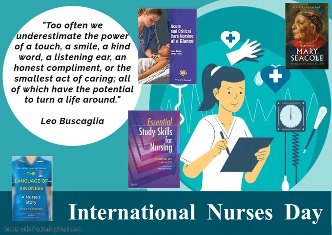 Search our online catalogue for nursing resources - including those shown in the image- Mary Seacole, The Language of Kindness, Essential Study Skills for Nursing
Image also shows a nurse holding a clipboard
Quote: "Too often we underestimate the power of a touch, a smile, a kind word, a listening ear, an honest compliment, or the smallest act of caring, all of which have the potential to turn a life around."
Leo Buscaglia